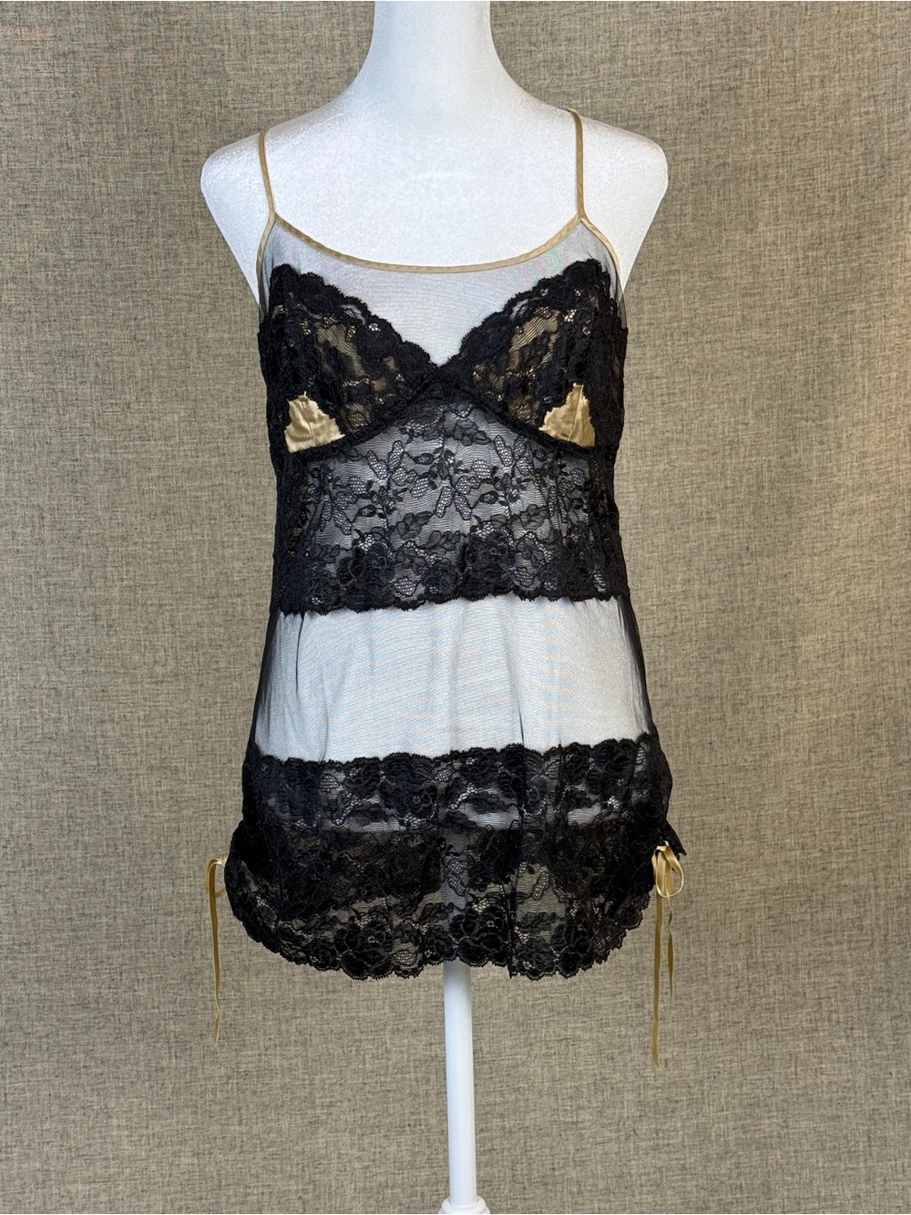 Victoria's Secret Vintage Black Lace Chemise with Gold Trim